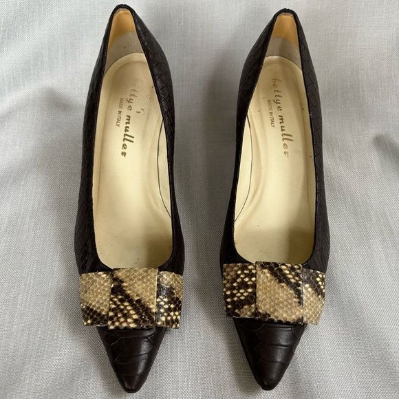 BETTYE MULLER LADIES HEELS SHOES 40 BROWN PYTHON LEATHER TEXTURED BOW POINTY - Picture 7 of 16